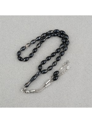 Lapisdo Sıkma Kehribar Beyzi Kesim Alpaka Püsküllü 7X11MM Tesbih Siyah Gri