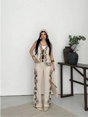 EVOA Nakış Işlemeli Yelek Pantolon Ikili Takım Xl - Bej