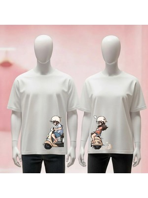  Sevgili Çift Kombini Baskılı Bisiklet Yaka Geniş Kalıp Unisex Tshirt