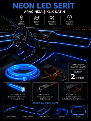 Buççin Online Mağaza Araç Içi Torpido LED Şerit LED Ip LED Neon Buz Mavisi (Ice Blue) 2 Metre
