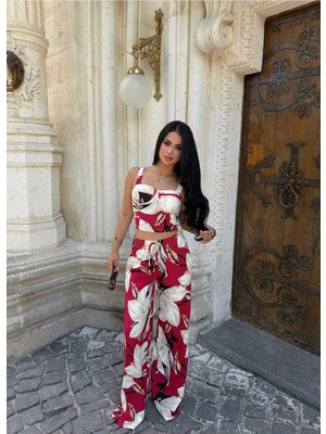 EVOA Magnolia Desenli Crop ve Pantolon Takım S - Kırmızı
