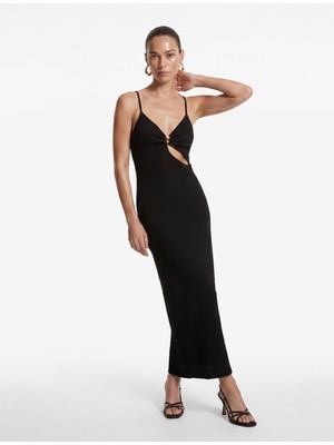 Koton Koton x Sibil Çetinkaya - Bürümcük Kumaş Aksesuarlı Yırtmaçlı Çapraz Ip Askılı Uzun Bodycon Elbise