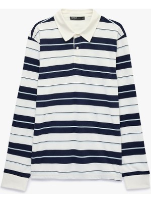 Koton Polo Yaka Düğmeli Uzun Kollu Çizgili Sweatshirt