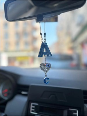 Buççin Online Mağaza A Harf Eş Harfli Mavi Simli Gümüş Renk Kalpli Epoksi Dikiz Ayna Süsü Sevgililer Günü Hediyelik