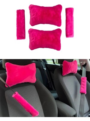 Buççin Online Mağaza Peluş Ortopedik Araba Seyahat Boyun Yastığı Emniyet Kemer Pedi Seti Fuşya Pembe