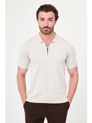 MCR Düz Slim Fit Fermuarlı Polo Yaka Erkek Triko T-Shirt