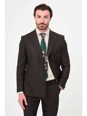 MCR Çizgili Slim Fit Geniş Yaka Kruvaze Erkek Takım Elbise