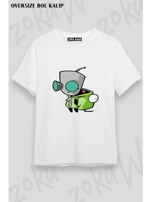 Unisex Bol Kalıp Invader Zim V4 Baskılı Tişört
