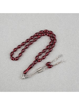 Lapisdo Sıkma Kehribar Beyzi Kesim Alpaka Püsküllü 7X11MM Tesbih Kırmızı
