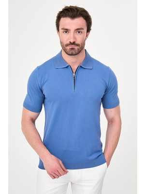 MCR Düz Slim Fit Fermuarlı Polo Yaka Erkek Triko T-Shirt