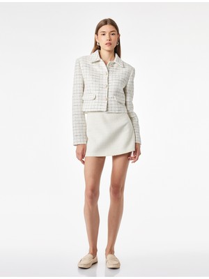 Koton Düğmeli Ekoseli Uzun Kollu Gömlek Yaka Crop Blazer Ceket