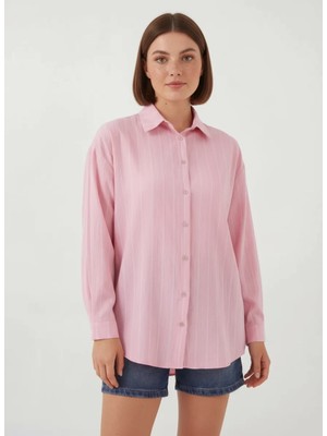 Morado Se siente Perfecto Kadın Oversize Çizgili Viskon Pembe Gömlek