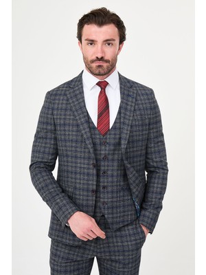 MCR Ekoseli Slim Fit Mono Yaka Erkek Takım Elbise