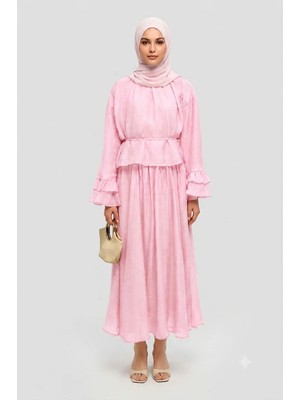 Miraydin Butik Kadın Kolu Fırfır Detaylı Belden Bağlamalı Etekli Takım M41675 - Pembe