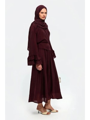 Miraydin Butik Kadın Kolu Fırfır Detaylı Belden Bağlamalı Etekli Takım M41675 - Mürdüm