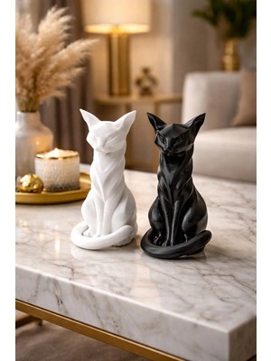 Minimalist Siyah Beyaz Kedi Biblo Seti – Modern Masa ve Kitaplık Dekoru – Dekoratif Kedi Figürü