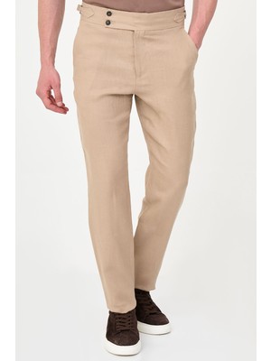 MCR Düz Slim Fit Kemer Tokalı %100 Keten Erkek Pantolon
