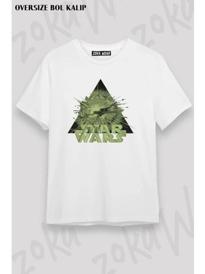 Unisex Oversize Kalıp Starwars Yeşil Üçgen Gemi Tasarım Baskılı Tshirt