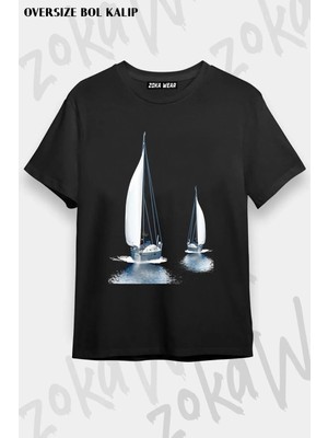 Unisex Oversize Kalıp Yelken Deniz Tasarım Baskılı Tshirt
