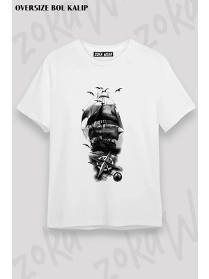 Unisex Oversize Kalıp Karayip Korsanları Gemi Tasarım Baskılı Tshirt