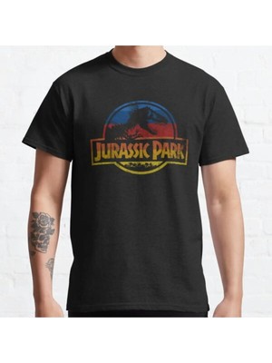 Bol Kalıp Unisex Jurassic Park Vintage Retro Stripe Movie Logo Tasarım Baskılı Tshirt