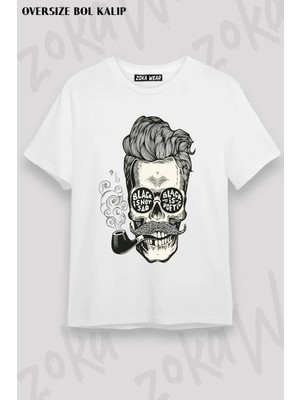 Unisex Oversize Kalıp Pipo Içen Kuru Kafa Tasarım Baskılı Tshirt