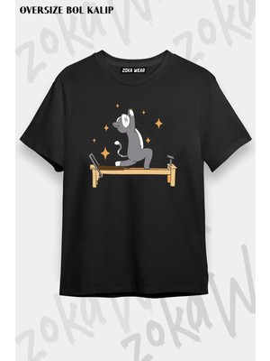 Unisex Oversize Kalıp Reformer Pilates Spor Kedi Tasarım Baskılı Tshirt
