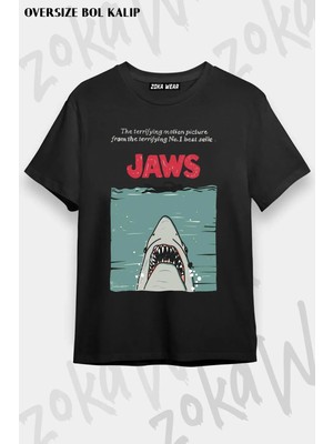 Unisex Oversize Kalıp Jaws Retro Vhs Cover Tasarım Baskılı Tshirt