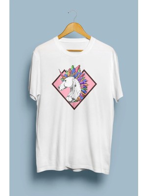 Bol Kalıp Unicorn Renkli At Tasarım Baskılı Tişört