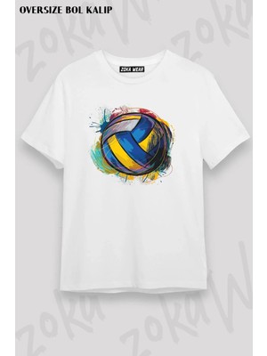 Unisex Oversize Kalıp Renkli Voleybol Topu Tasarım Baskılı Tshirt