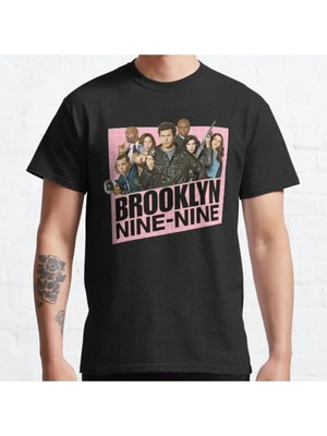 Bol Kalıp Unisex Brooklyn Nine-Nine Pink Logo Tasarım Baskılı Tshirt