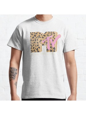 Bol Kalıp Unisex Mtv Leopard Print Vintage Pink Music Television Logo Tasarım Baskılı Tshirt