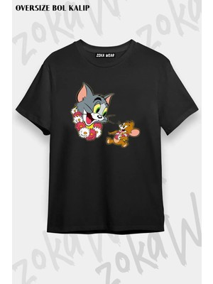 Unisex Oversize Kalıp Tom ve Jerry V4 Tasarım Baskılı Tshirt