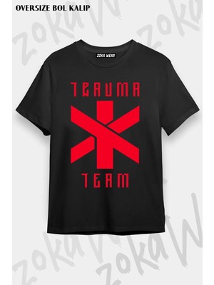 Unisex Oversize Kalıp Cyberpunk Trauma Team Tasarım Baskılı Tshirt