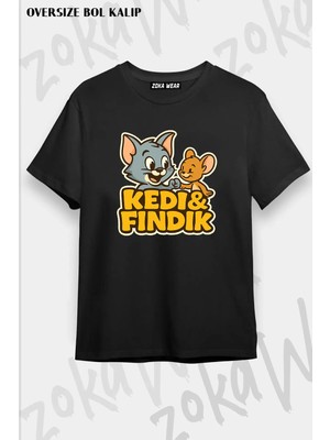 Unisex Bol Kalıp Siyah Tom ve Jerry Tasarım Baskılı T-Shirt