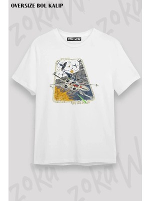 Unisex Oversize Kalıp Star Wars Renkli Gemi Tasarım Baskılı Tshirt