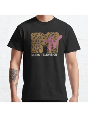 Bol Kalıp Unisex Mtv Leopard Print Vintage Pink Music Television Logo Tasarım Baskılı Tshirt