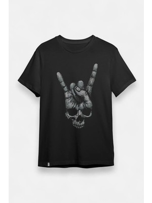 Unisex Bol Kalıp Rock & Roll El Işaretli Kuru Kafa Tişört