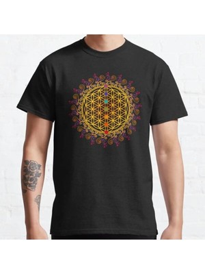 Bol Kalıp Unisex Flower Of Life, Chakras, Spirituality, Yoga, Zen, Tasarım Baskılı Tshirt