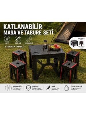 Deyhome 4 Küçük Katlanabilir Tabure + 1 Katlanabilir Plastik Masa Seti – Bahçe Balkon Kamp Piknik Plaj Için Taşınabilir Masa Sandalye Takımı