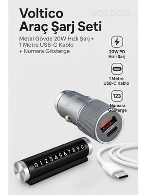 Buççin Online Mağaza Araç Şarj Seti – Metal Gövde 20W Hızlı Şarj + 1 Metre Usb-C Kablo + Numara Gösterge