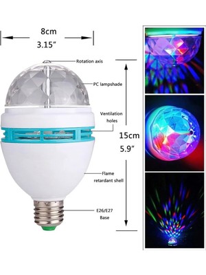 Buççin Online Mağaza Yeni 2023 Renkli Disko Ampülü Hareketli 360 Derece Dönen Disco Topu LED Disko Dönen Ampul