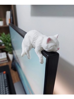 Buççin Online Mağaza Beyaz Uyuyan Kedi Monitör Buddy - Dekoratif Masaüstü ve Araç Dikiz Aynası Aksesuarı - Kedi Severlere
