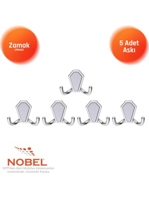 Nobel Vi̇lla Askı, Metal Vestiyer Askısı, Krom Matkrom, Duvar ve Dolap Askılığı (5'li Set) Vidalı