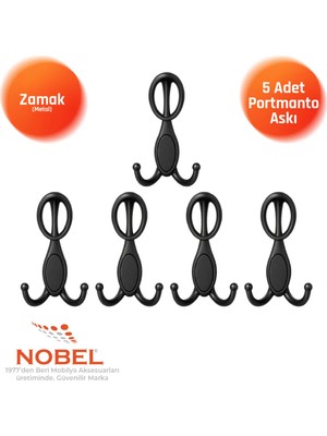 Nobel Arya Portmanto Askısı, Metal Vestiyer Askısı, Matsiyah, Duvar ve Dolap Askılığı (5'li Set) Vidalı