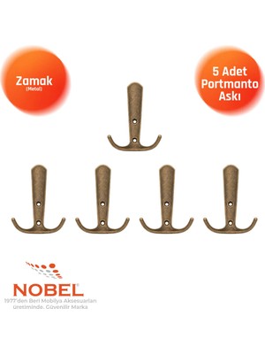 Nobel Focus Portmanto Askısı, Metal Vestiyer Askısı, Anti̇k Sari, Duvar ve Dolap Askılığı (5'li Set) Vidalı