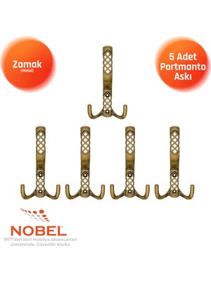Nobel Karatay Portmanto Askısı, Metal Vestiyer Askısı, Anti̇k Sari, Duvar ve Dolap Askılığı (5'li Set) Vidalı