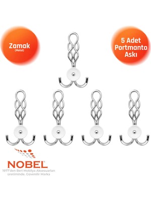 Nobel Örgü Portmanto Askısı, Metal Vestiyer Askısı, Krom, Duvar ve Dolap Askılığı (5'li Set) Vidalı