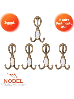 Nobel Arya Portmanto Askısı, Metal Vestiyer Askısı, Anti̇k Sari , Duvar ve Dolap Askılığı (5'li Set) Vidalı