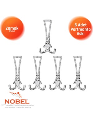 Nobel Enez Portmanto Askısı, Metal Vestiyer Askısı, Krom, Duvar ve Dolap Askılığı (5'li Set) Vidalı